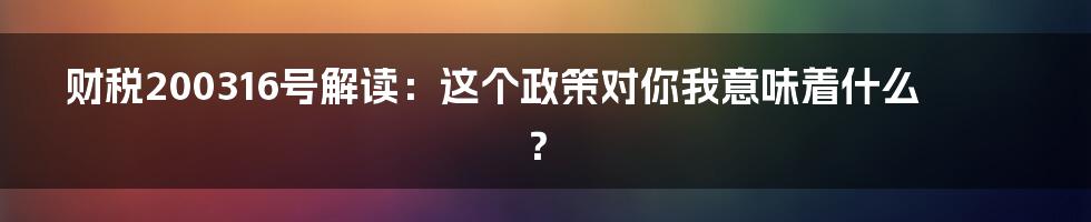 财税200316号解读:这个政策对你我意味着什么?
