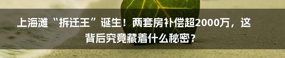 上海滩“拆迁王”诞生!两套房补偿超2000万,这背后究竟藏着什么秘密?