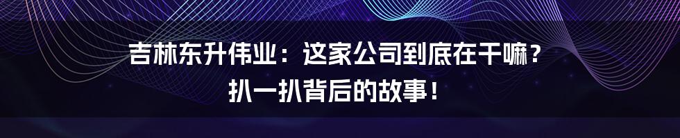 吉林东升伟业:这家公司到底在干嘛? 扒一扒背后的故事!