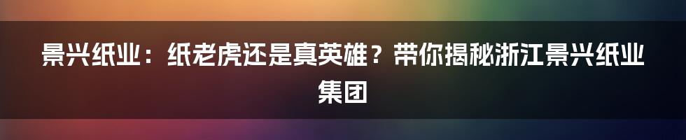 景兴纸业:纸老虎还是真英雄?带你揭秘浙江景兴纸业集团