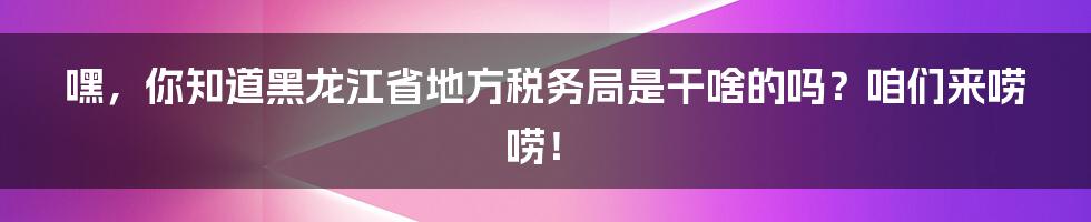 嘿,你知道黑龙江省地方税务局是干啥的吗?咱们来唠唠!