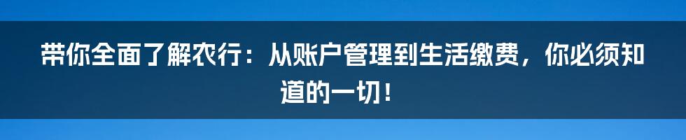 带你全面了解农行：从账户管理到生活缴费，你必须知道的一切！