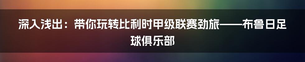深入浅出:带你玩转比利时甲级联赛劲旅——布鲁日足球俱乐部