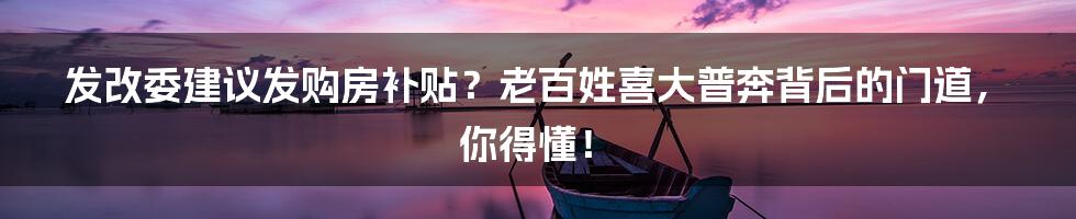 发改委建议发购房补贴?老百姓喜大普奔背后的门道,你得懂!