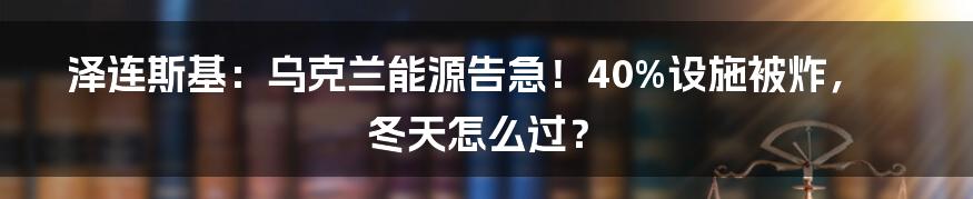 泽连斯基：乌克兰能源告急！40%设施被炸，冬天怎么过？