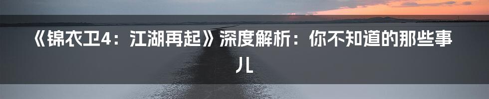 《锦衣卫4:江湖再起》深度解析:你不知道的那些事儿