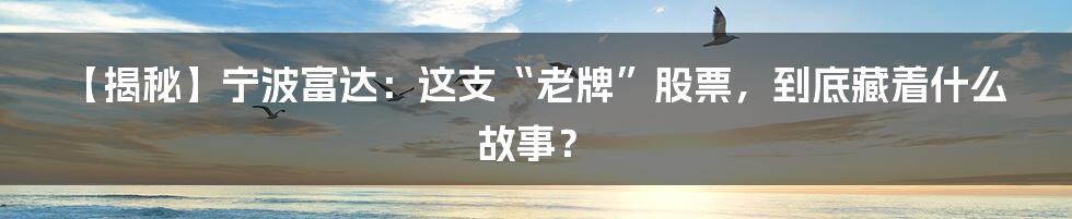 【揭秘】宁波富达：这支“老牌”股票，到底藏着什么故事？