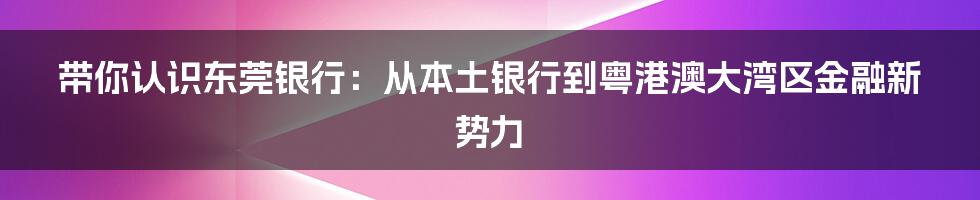 带你认识东莞银行:从本土银行到粤港澳大湾区金融新势力
