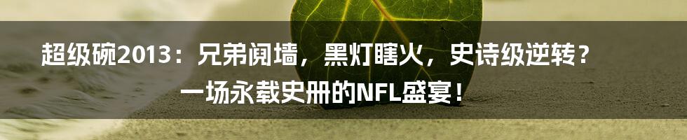 超级碗2013:兄弟阋墙,黑灯瞎火,史诗级逆转?一场永载史册的NFL盛宴!